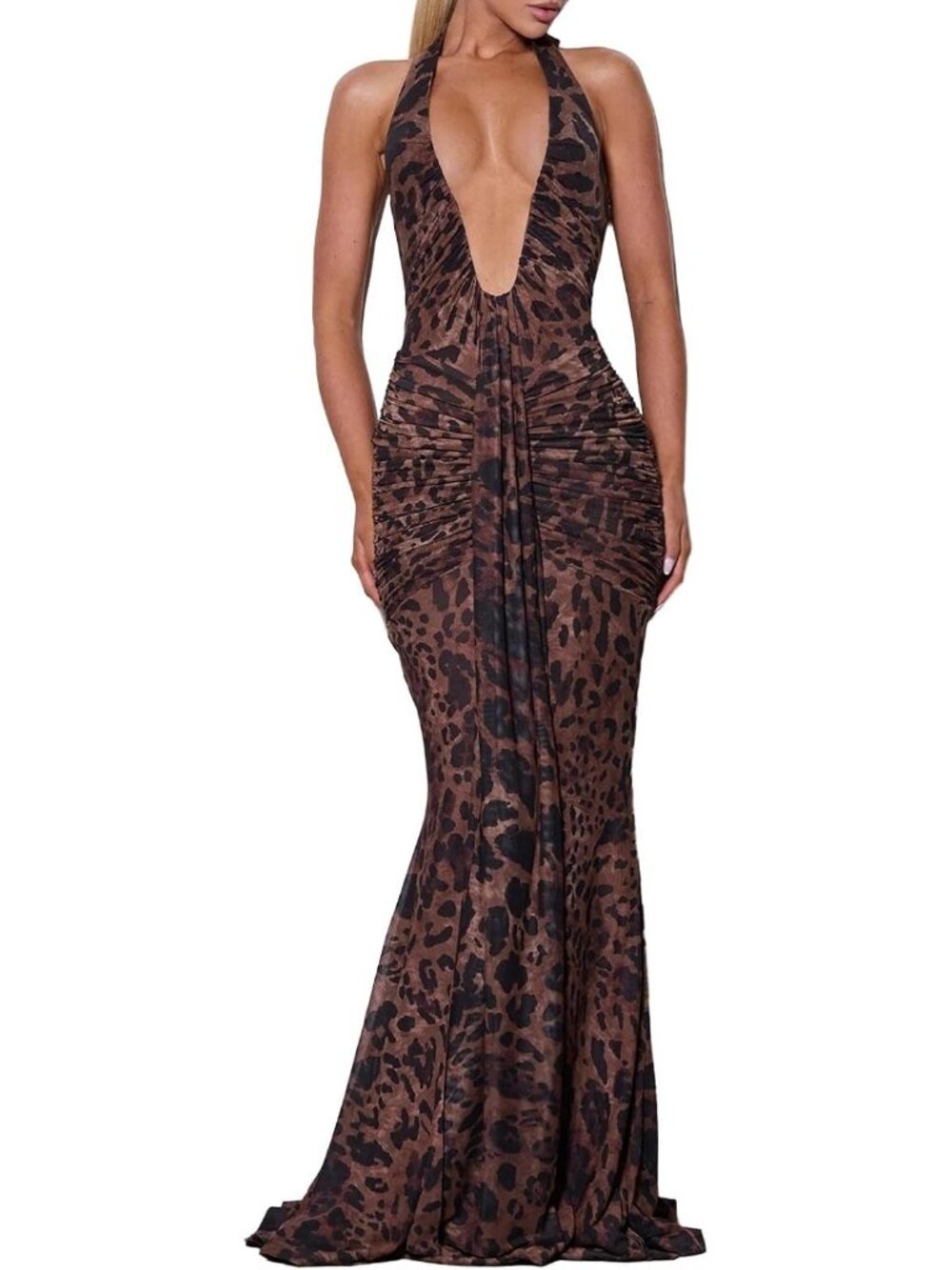 Women Leapord Mesh V Neck Ruched Polyester Sleeveless Halter Cocktail Maxi Dress